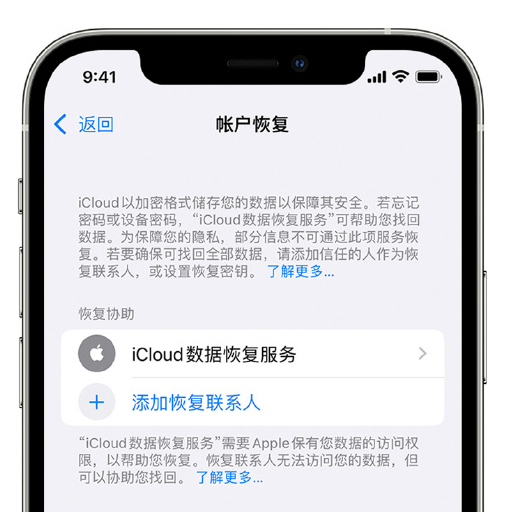 高邑苹果手机维修分享在 iPhone 上设置帐户恢复联系人的方法 