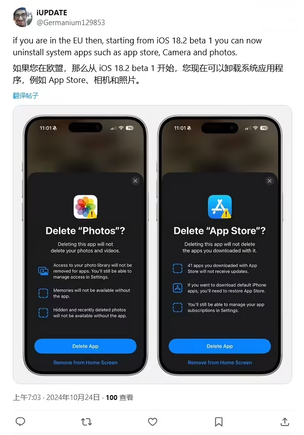 高邑苹果手机维修分享iOS 18.2 支持删除 App Store 应用商店 