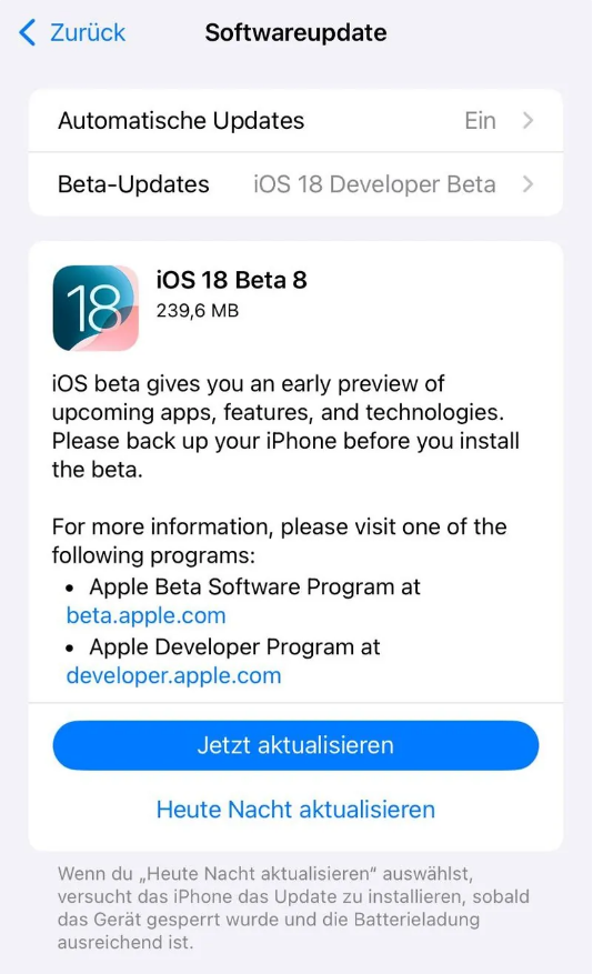 高邑苹果手机维修分享苹果 iOS / iPadOS 18 开发者预览版 Beta 8 发布 